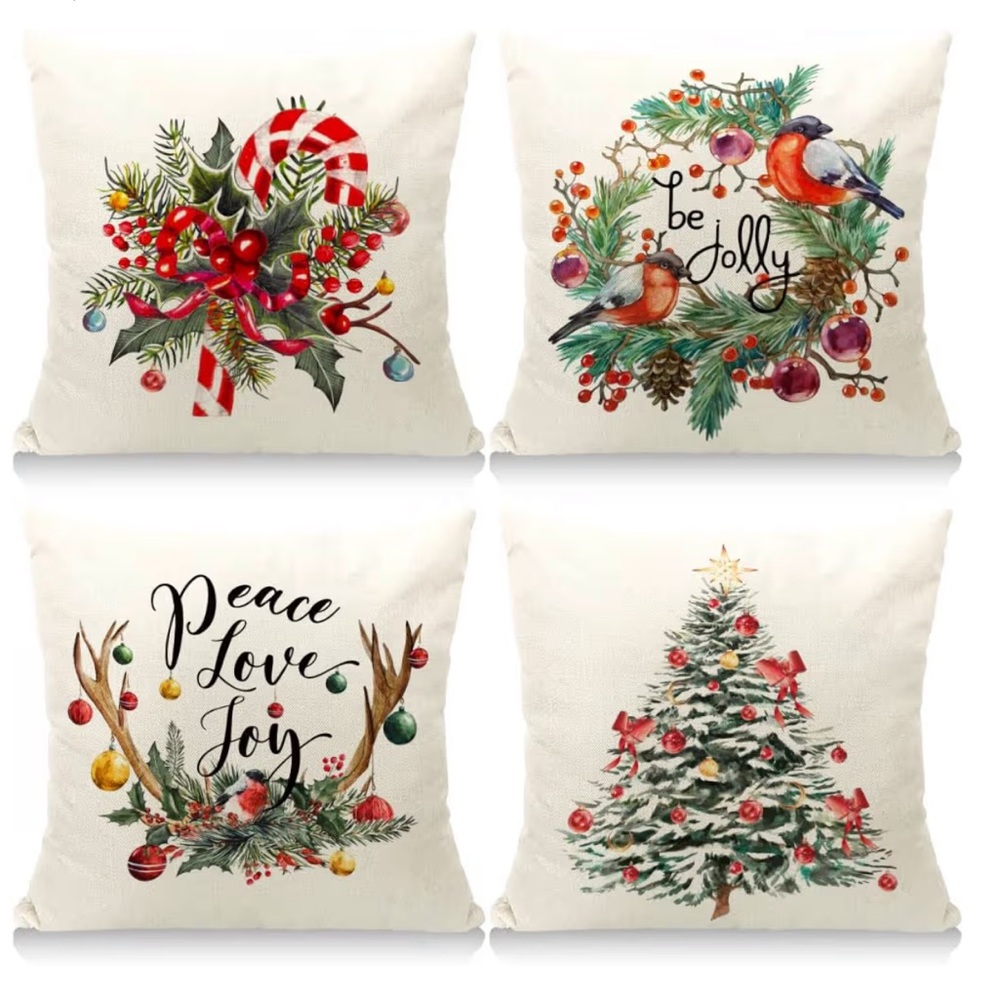 Lot of 4 Christmas Pillow Covers Size 18” x 18” Cotton Linen Blend NEW NO BOX